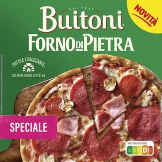 Pizza Speciale croccante con salami, jamón cocido pepperoni, champiñón y queso mozzarella estuche 350 g -