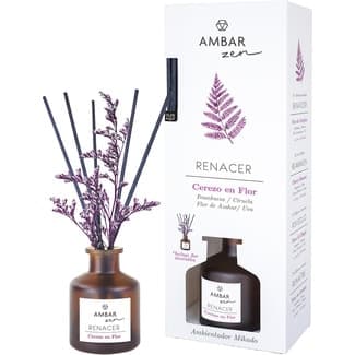 Zen ambientador mikado Renacer Cerezo en Flor con frambuesa, ciruela, flor de azahar y uva frasco 40 ml incluye flor decorativa -