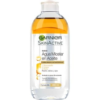 Skin Active agua micelar en aceite elimina maquillaje waterproof para rostro labios y ojos frasco 400 ml -