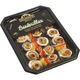 Banderillas de boquerones, aceitunas verdes y pimiento rojo tarrina 160 g neto escurrido -