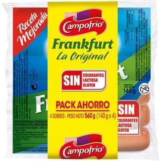 Salchichas Frankfurt cocidas de cerdo y pollo sabor ahumado pack 4 x 140 g envase 560 g sin gluten sin lactosa -