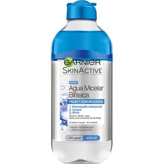 Skin Active agua micelar bifásica desmaquillante waterproof para pieles y ojos delicados bote 400 ml -