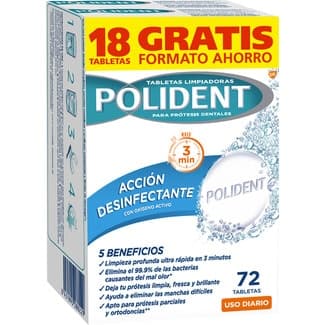 Tabletas limpiadoras para prótesis dentales acción desinfectante con oxígeno activo caja 72 unidades -