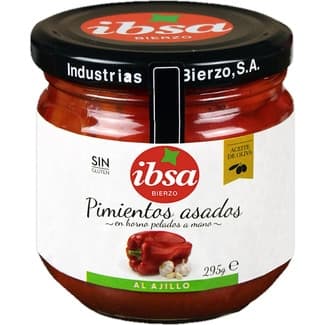Pimientos asados en horno pelados a mano al ajillo sin gluten frasco 295 g neto escurrido -