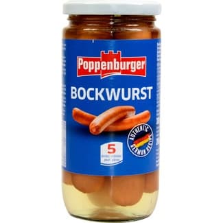 Salchichas bockwurst 5 unidades frasco 200 g neto escurrido -