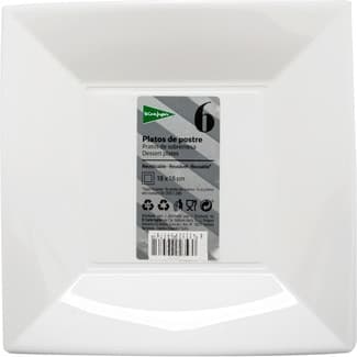 Plato postre cuadrado blanco reutilizable 18x18cm paquete 6 unidades -