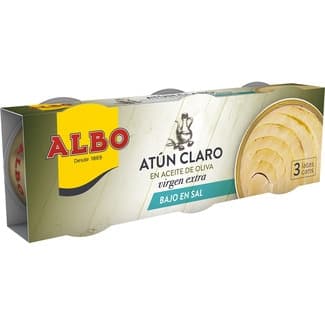 Atún claro en aceite de oliva virgen extra bajo en sal pack 3 latas 67 g neto escurrido -