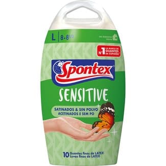 Sensitive guantes desechables finos satinados y sin polvo 100% latex talla L blister 10 unidades -