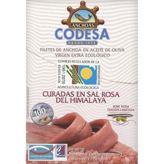 Filetes de anchoas en aceite de oliva virgen extra ecológico curadas en sal rosa lata 55 g -