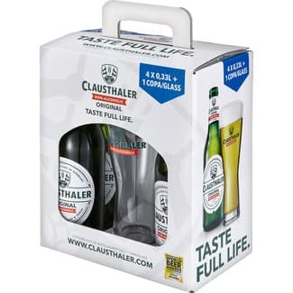 Cerveza rubia SIN ALCOHOL pack 4 botellas 33 cl + Copa -