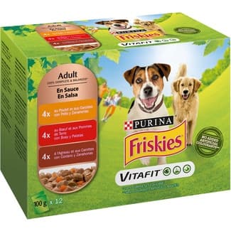 Vitafit comida húmeda en salsa para perros con pollo y zanahorias 4 bolsas 100 g con buey patatas 4 bolsas 100 g con cordero y zanahorias 4 bolsas 100 g -