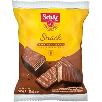 Snack barquillos recubiertos de chocolate sin gluten con avellanas estuche 105 g Bolsa 3x35grs -