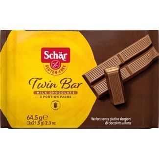 Twin Bar galletas de barquillo cubiertas de choco-leche sin gluten 3 unidades envase 64,50 g Bolsa 3x21,5grs -