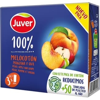 Zumo de melocotón, manzana y uva 100% zumo a partir de concentrado pack 3 briks 200 ml -