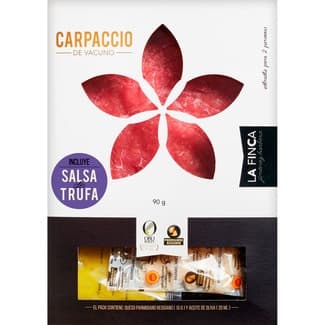 Carpaccio de vacuno marinado con salsa de trufa sin gluten bandeja 90 g + queso parmigiano reggiano 15 g + Aceite de Oliva Virgen Extra 20 ml -