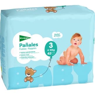 Pañales unisex de 4 a 10 kg talla 3 elásticos y transpirables bolsa 45 unidades -