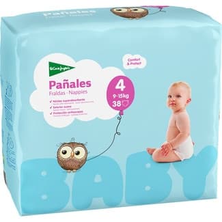 Pañales unisex de 9 a 15 kg talla 4 elásticos y transpirables bolsa 38 unidades -
