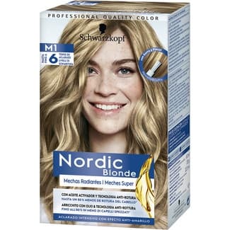 Blonde M1 mechas radiantes aclarante con aceite activador y tegnologia anti-rotura caja 1 unidad aclara hasta 6 tonos para cabellos de rubio medio a castaño oscuro -