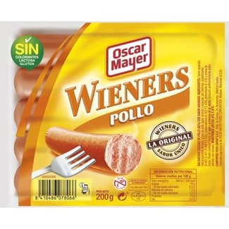 Wieners salchichas cocidas de pollo sabor ahumado sin gluten sin lactosa 5 piezas envase 200 g -