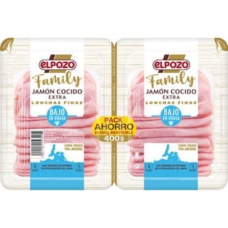 Family jamón cocido extra bajo en grasa en lonchas finas pack 2 x 200 g envase 400 g sin gluten sin lactosa pack ahorro -