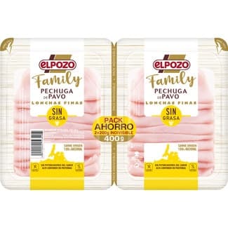 Family pechuga de pavo sin grasa en lonchas finas sin gluten sin lactosa pack 2 x 200 g envase 400 g -
