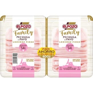 Family pechuga de pavo reducido en sal en lonchas finas pack 2 x 200 g envase 400 g sin gluten sin lactosa -