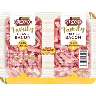 Family tiras de bacon sabor ahumado sin gluten sin lactosa pack 2 x 100 g envase 200 g -