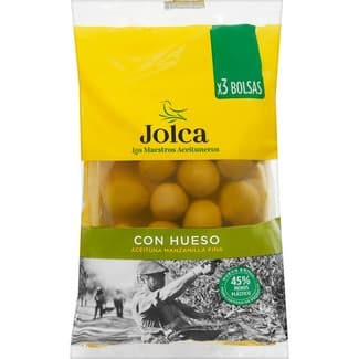Aceituna verde manzanilla fina con hueso pack 3 bolsas 65 g neto escurrido -