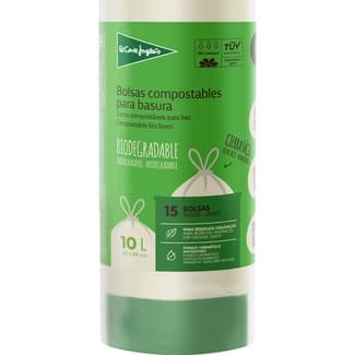 Bolsas compostables para basura 45x48 cm 10 litros rollo 15 unidades -