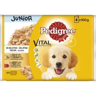 Vital Junior comida húmeda para perros cachorros en gelatina pack con pollo y arroz 2 bolsas 100 g con buey y arroz 2 bolsas 100 g -