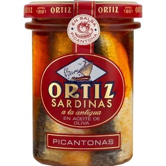 Sardinas a la antigua en aceite de oliva picantonas frasco 140 g neto escurrido -