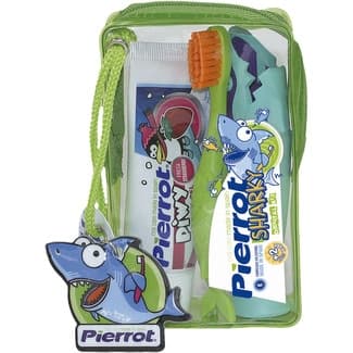 Sharky mini kit de viaje infantil con pasta de dientes sabor fresa + cepillo dental -
