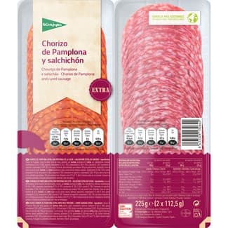 Chorizo de Pamplona extra + salchichón extra en lonchas sin gluten pack 2 x 112,5 g envase 225 g -