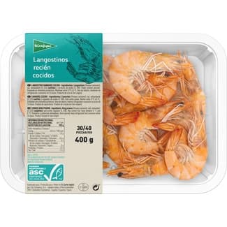 Langostinos Vannamei ASC recién cocidos 30-40 piezas/kg bandeja 400 g -