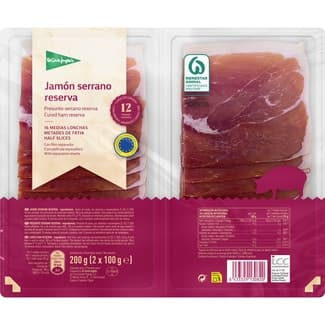 Jamón serrano Reserva ETG en medias lonchas pack 2 x 100 g envase 200 g curación mínima 12 meses -