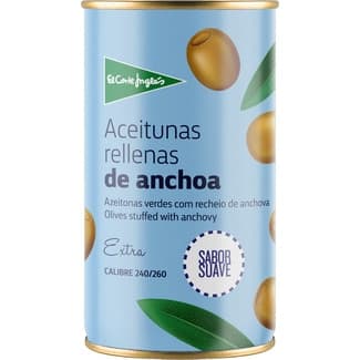 Aceitunas rellenas de anchoa suaves 25% menos sal lata 150 g neto escurrido -