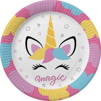 Plato decorativo Unicornio 23 cm paquete 8 unidades -