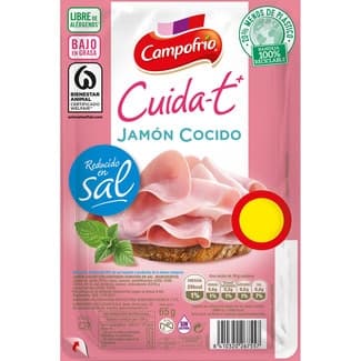 Cuida-t+ jamón cocido bajo en grasa reducido en sal en lonchas envase 65 g sin gluten sin lactosa -