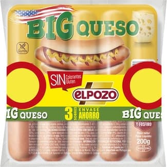 Big Queso salchichas cocidas de cerdo con queso sabor ahumado pack 3 envase 600 g sin gluten sin lactosa -
