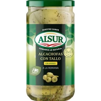 Alcachofas con tallos grandes a la romana 5-7 piezas frasco 360 g neto escurrido -