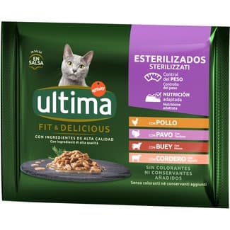 Fit&Delicious comida húmeda en salsa para gatos esterilizados selección carnes 4 envases 85 g -