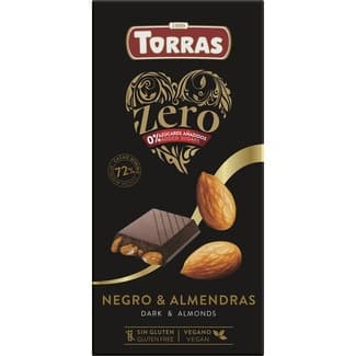 Zero chocolate negro 72% cacao con almendras sin gluten 0% azúcares añadidos tableta 150 g -