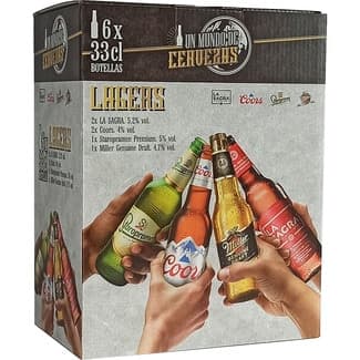 Cervezas rubias lagers 4 variedades estuche 6 botellas 33 cl (2 La Sagra, 2 Coors, 1 Staropramen y 1 Miller Genuine Craft) -
