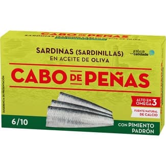 Sardinillas en aceite oliva con pimiento de padrón lata 60 g neto escurrido -