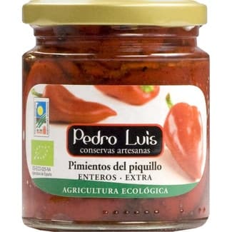 Pimiento ecológico del piquillo DOP de Lodosa entero extra frasco 205 g neto escurrido -