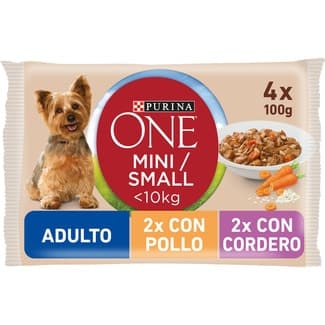 Mini Adult comida húmeda para perros tamaño mini con pollo zanahorias y judías verdes 2 sobres 100 g con cordero arroz y zanahorias 2 sobres 100 g -
