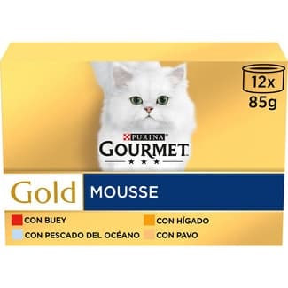Gold mousse comida húmeda para gatos con buey 3 latas 85 g con pescado del océano 3 latas 85 g con hígado 3 latas 85 g con pavo 3 latas 85 g -