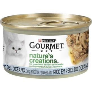 Nature's Creations comida húmeda para gatos con pescado, espinacas y arroz lata 85 g -