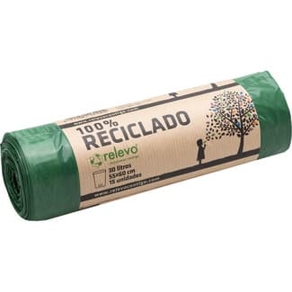 Bolsas de basura verdes 100% reciclado para cubo normal 30 litros rollo 15 unidades -