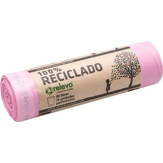 Bolsas de basura rosas perfumadas 100% reciclado para cubo normal 30 litros rollo 15 unidades -
